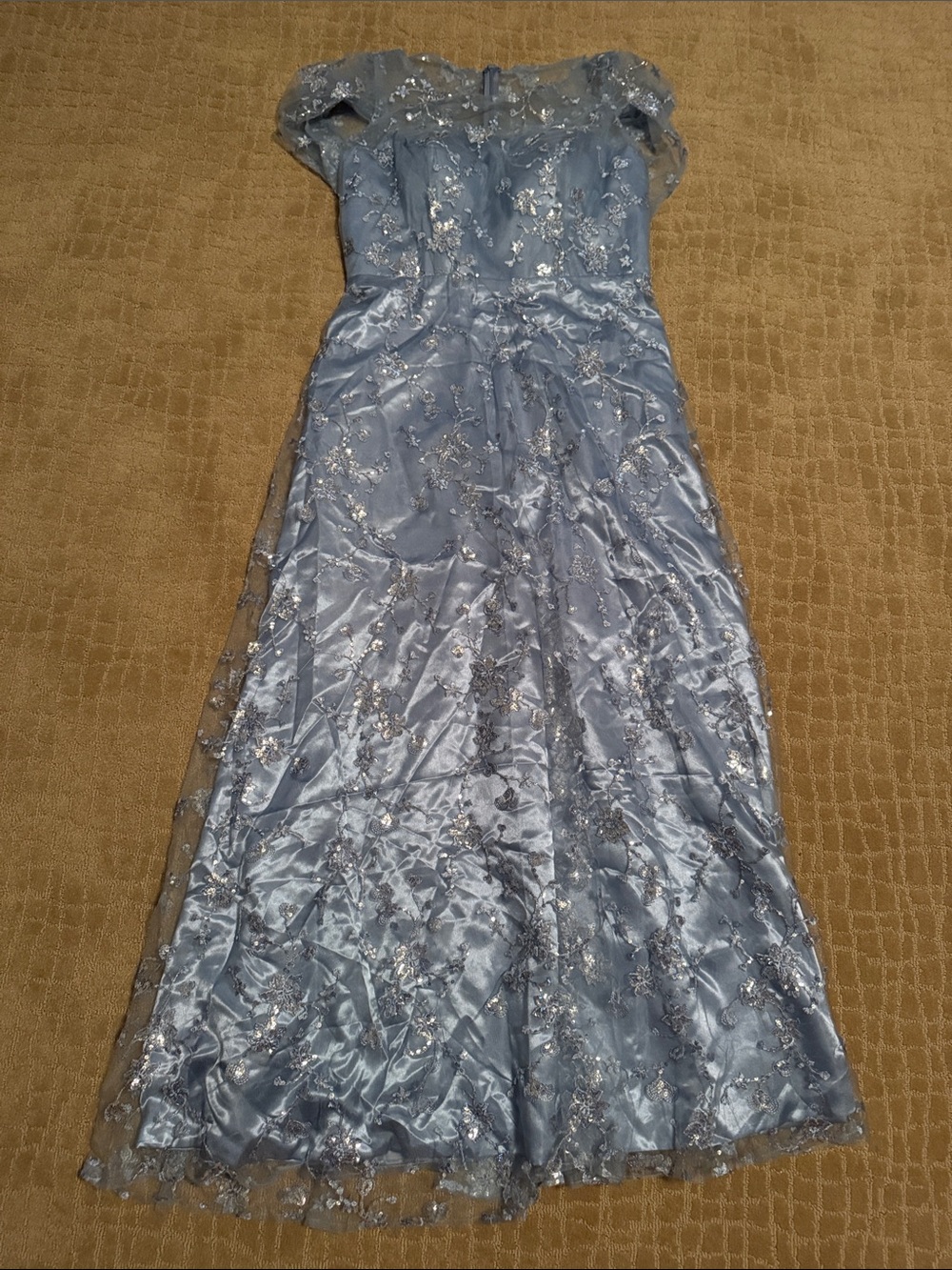 Light Blue Embroidered Maxi Dress with Sheer Overlay